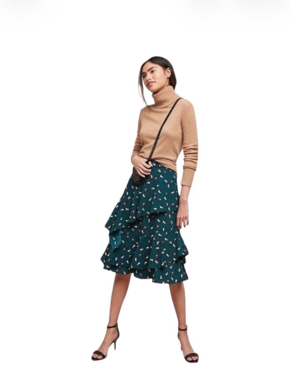 Anthropologie Teal Floral Tiered Ruffle Midi Skirt